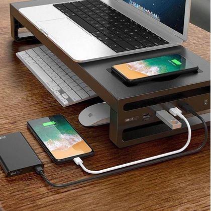 Obrázek z Kovový stojan na monitor s USB porty a bezdrátovým nabíjením
