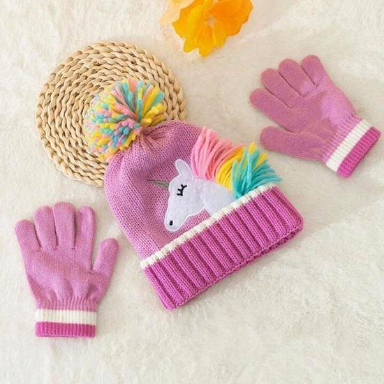 Obrázek z Dětská zimní sada čepice a rukavic s jednorožcem