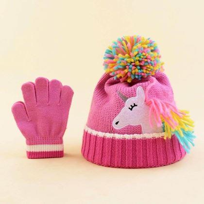 Obrázek z Dětská zimní sada čepice a rukavic s jednorožcem