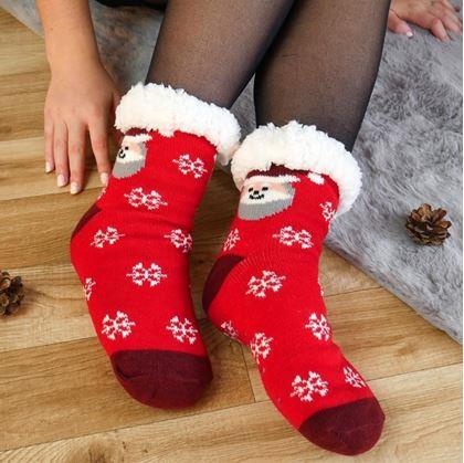 Obrázek z Vánoční hřejivé ponožky s kožíškem - Santa a vločky