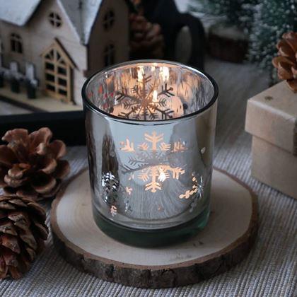 Obrázek z Skleněný vánoční svícen na čajovou svíčku - sněhové vločky