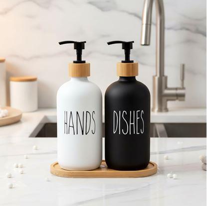 Obrázek Sada dávkovačů s pumpičkou na mýdlo a jar na podnose