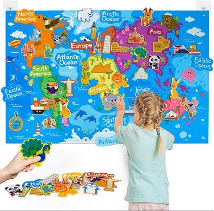 Obrázek z Plstěná dětská mapa světa se zvířátky a památkami