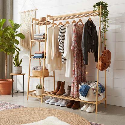 Obrázek Bambusový stojan na oblečení s policemi a věšákem - šířka 130 cm