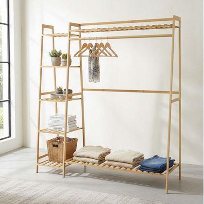 Obrázek z Dřevěný stojan na oblečení s policemi a věšákem - šířka 130 cm