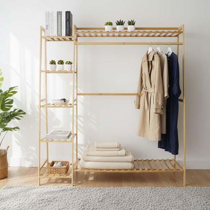 Obrázek Bambusový stojan na oblečení s policemi a věšákem - šířka 130 cm