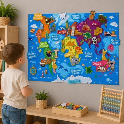Obrázek z Plstěná dětská mapa světa se zvířátky a památkami